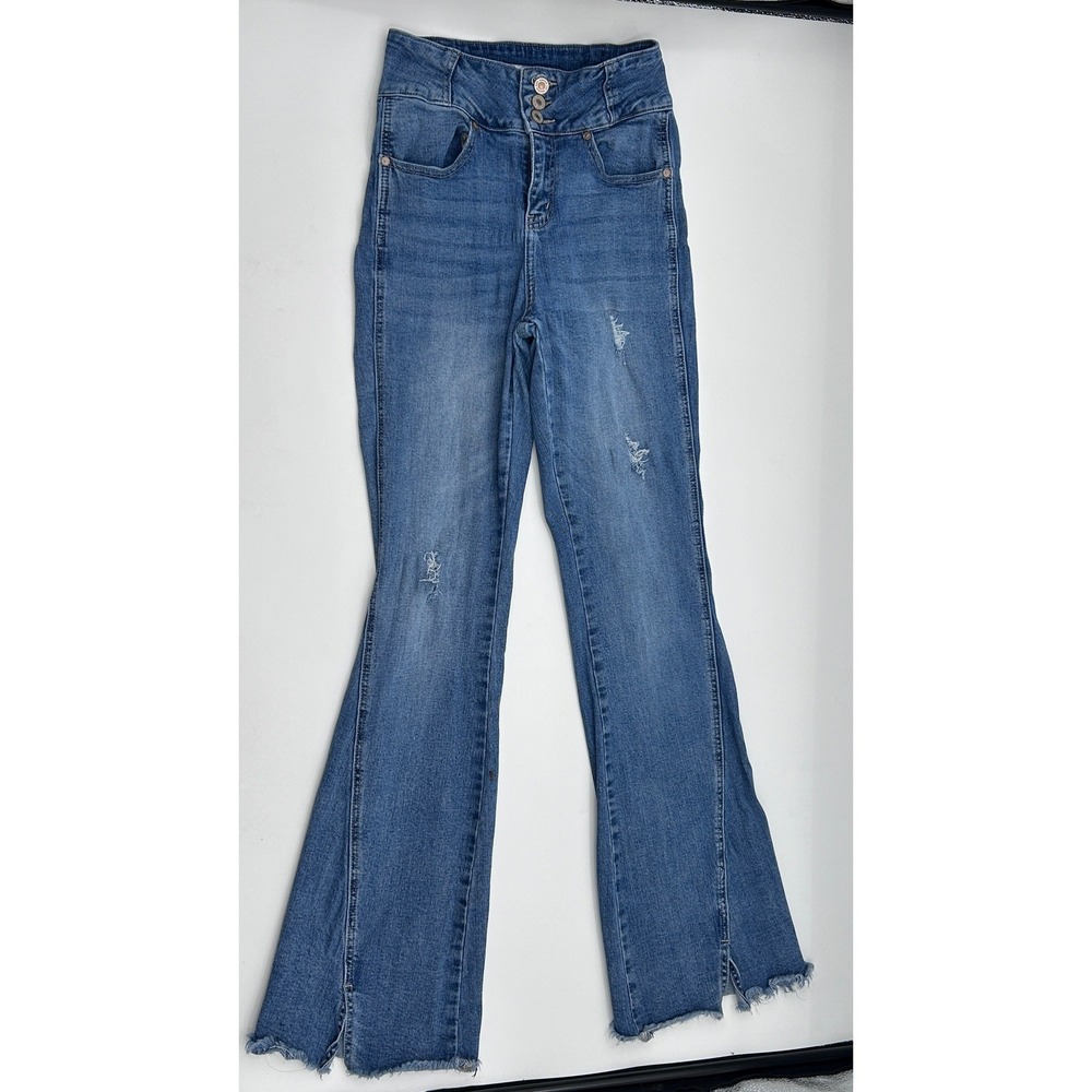 KanCan High Rise Flare Jeans Size 5/26 Distressed Frayed Hem Stretch Denim Y2K